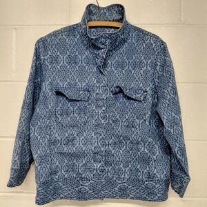 Ruby Rd Cotton Denim Jacket Snake Print Snap Button Pockets Mock Collar Size 16